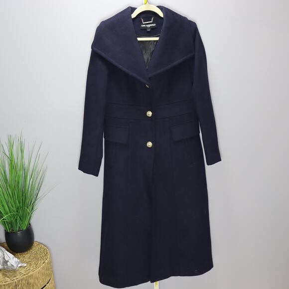 Karl Lagerfeld Paris Wool Blend Long Coat Navy Blue Size Small - Picture 1 of 5